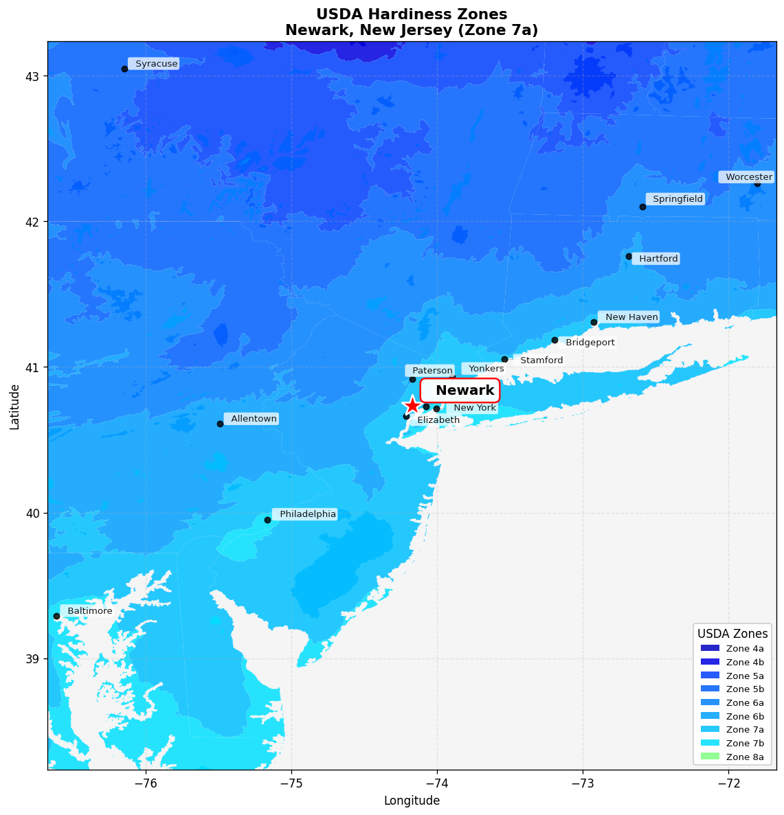 USDA Hardiness Zone 7a Map for Newark, NJ
